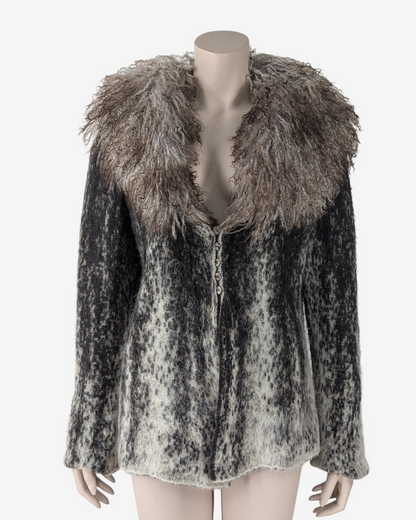 Roberto Cavalli mohair cardigan with Mongolian fur collar