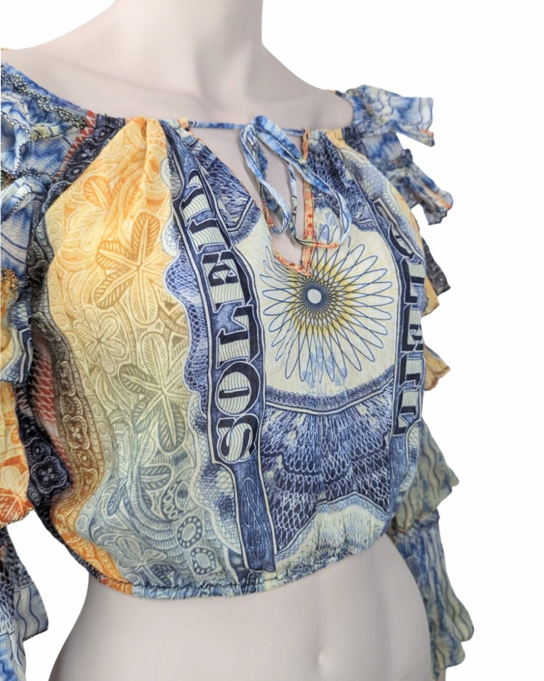 Jean Paul Gaultier Money Print Multi-Rufles Crop Top at SoirVintage