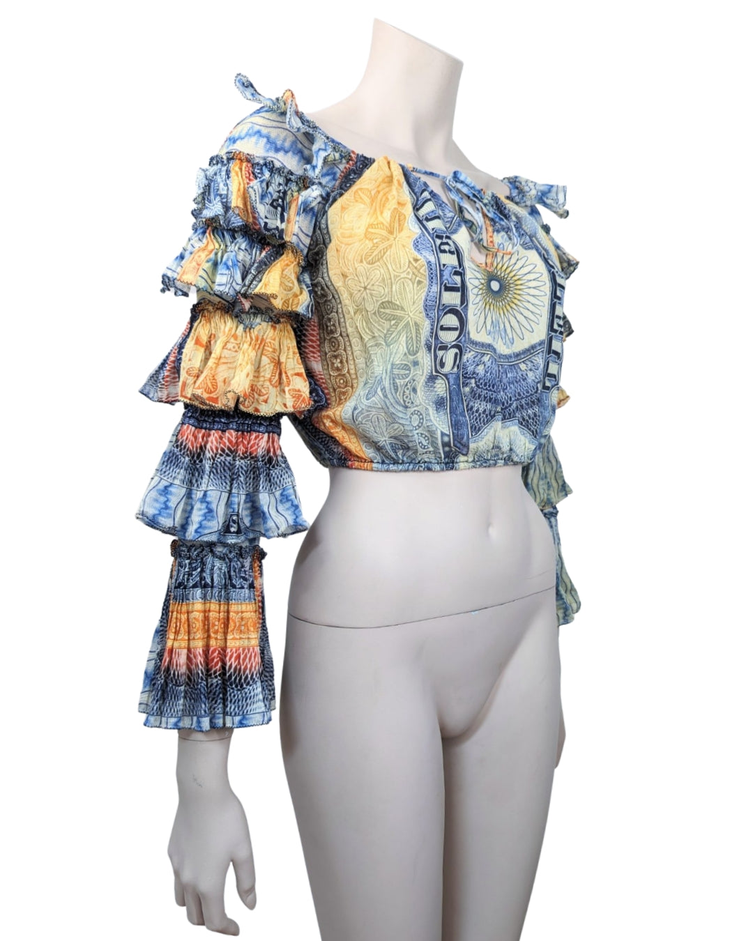 Jean Paul Gaultier Money Print Multi-Rufles Crop Top at SoirVintage