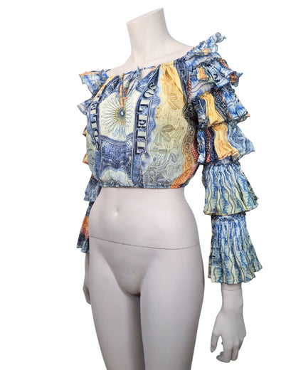 Jean Paul Gaultier Money Print Multi-Rufles Crop Top at SoirVintage