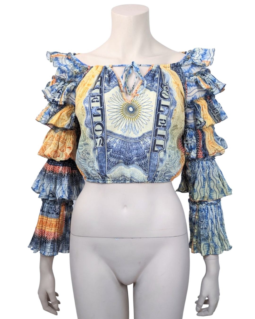 Jean Paul Gaultier Money Print Multi-Rufles Crop Top at SoirVintage