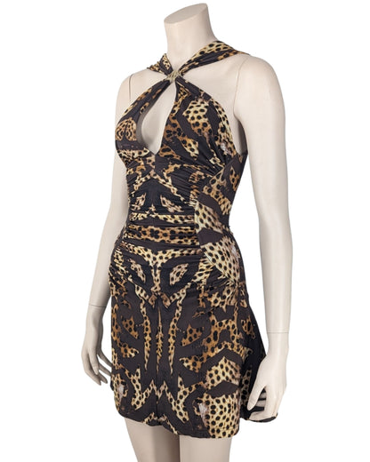 Roberto Cavalli Floral Graphic and Animal Halter Mini Dress