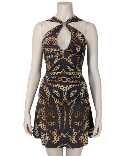 Roberto Cavalli Floral Graphic and Animal Halter Mini Dress