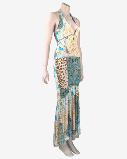 Just Cavalli Class Floral Patchwork Halter Maxi Dress