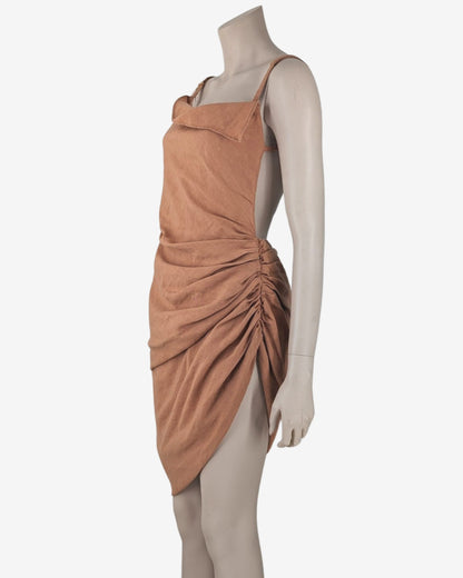 Jacquemus L'amour Backless Pleated Camel Dress