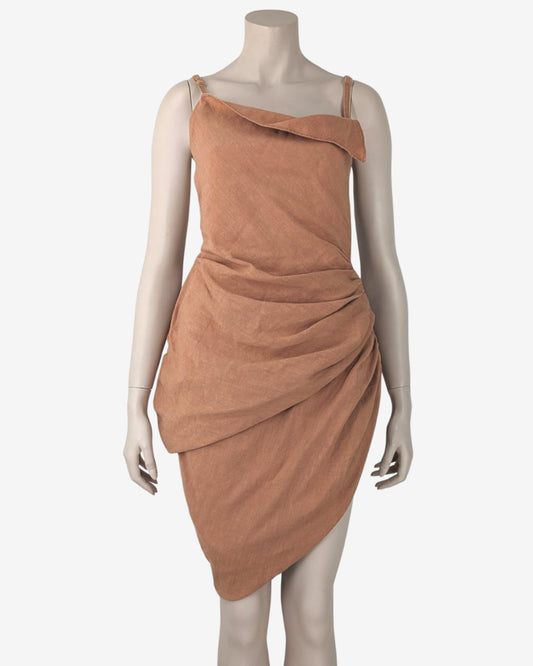 Jacquemus L'amour Backless Pleated Camel Dress